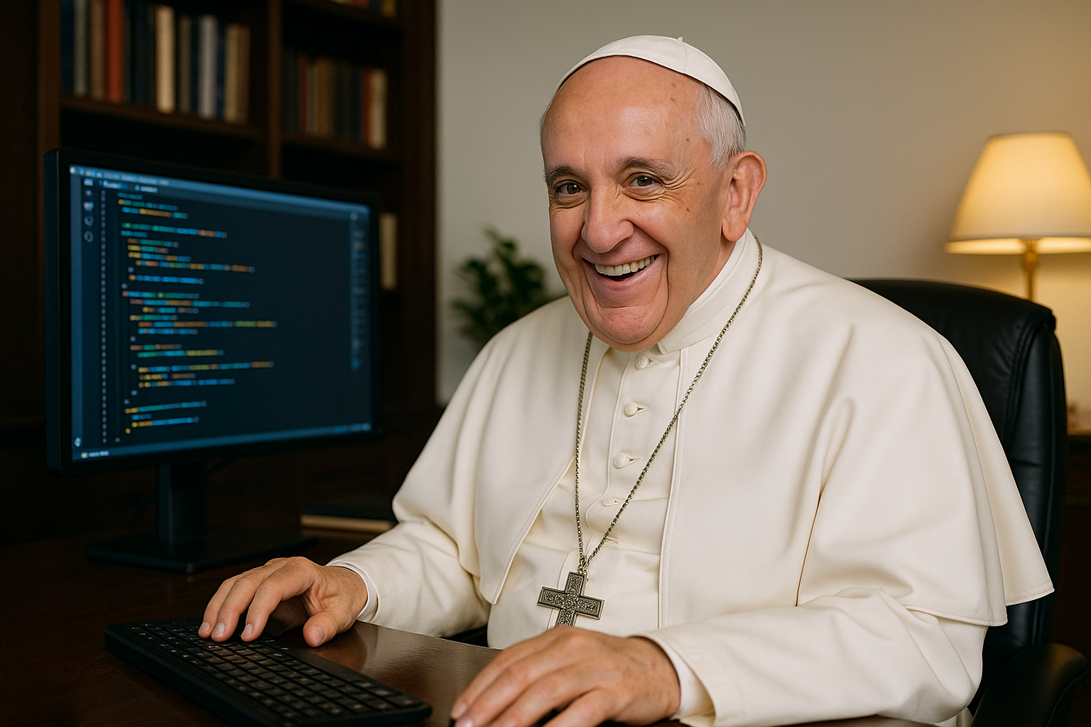 Persona mayor sonriendo frente a una computadora con código, representando que cualquier persona puede aprender a programar sin importar su edad o formación